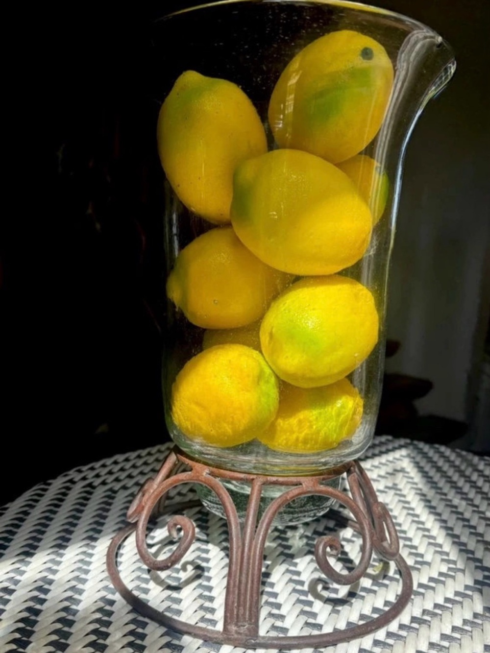 Clear Glass Hurricane Vase with Yellow Lemon Display